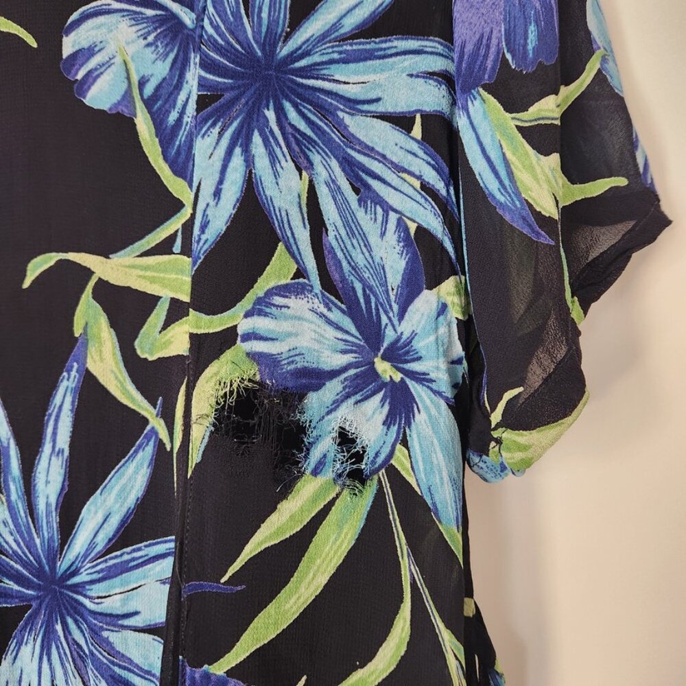 Vintage 90s Black Floral Midi Dress Crinkle Fairy Grunge Blue Lola P Medium - Picture 6 of 16